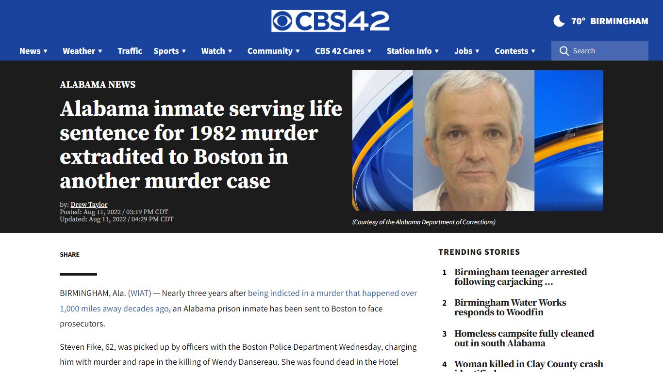 Alabama inmate serving life sentence for 1982 murder extradited to ...